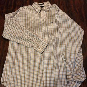 Men's Size XL Facconable Button Down Shirt, White with Blue and Tan Tattersall